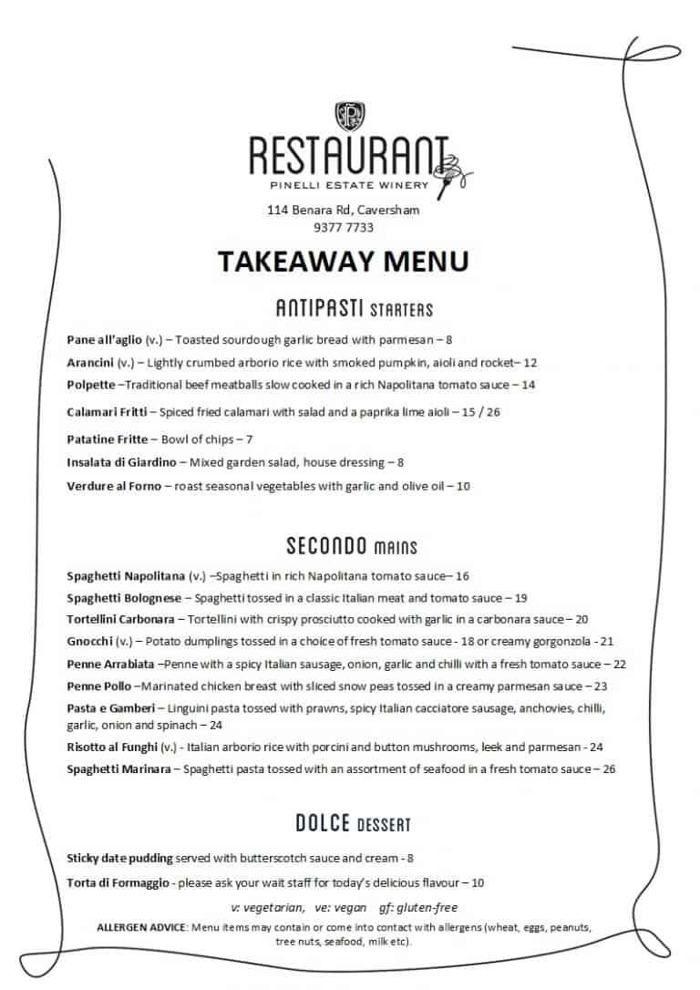 Takeaway Menu Pinelli Estate